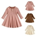 thumbnail image 1 of Antinious Girls Banquet Dress Ins Style Solid Round Neck Buttoned Ribbed Long Sleeve Knee Length Dress,Toddler Girls Winter Outer Dress,Kids Party Dress,Brown,120, 1 of 4