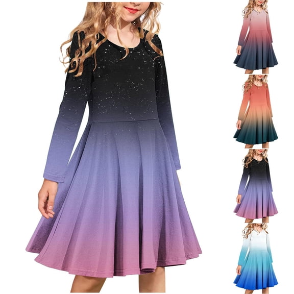 Antinious Girls Princess Dress Evening Dress Long Sleeve Crew Neck Gradient Print Dress,Toddler Girls Outer Dress,Kids Party Dress,Blue,170