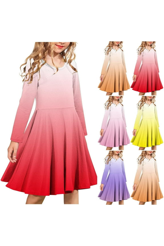 Girls Elegant Princess Dress Girls Frock Dress Long Sleeve Crew Neck Gradient Print Dress,Toddler Girls Outer Dress,Kids Party Dress,Yellow,170