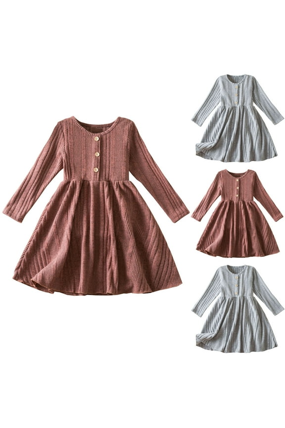 Girls Elegant Princess Dress Girls Frock Dress Long Sleeve Round Neck Rib Knit Solid Button Dress,Toddler Girls Winter Outer Dress,Kids Party Dress,Gray,120