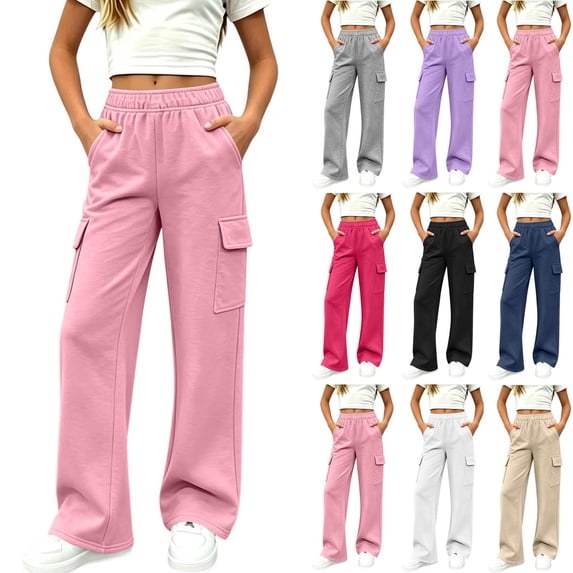 Antinious Girls Fleece Solid Elastic Waist Multi Pocket Wide Leg Casual Sweatpants