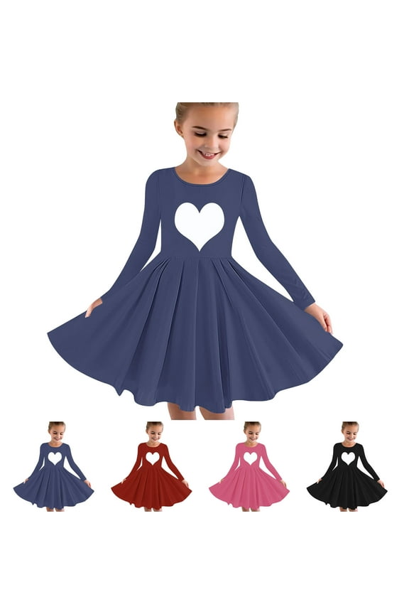 Girls Frock Dress Banquet Dress Girls Long Sleeve Solid Heart Print Twirly Skater School Recital Princess Dress,Toddler Girls Outer Dress,Kids Party Dress,Pink,170