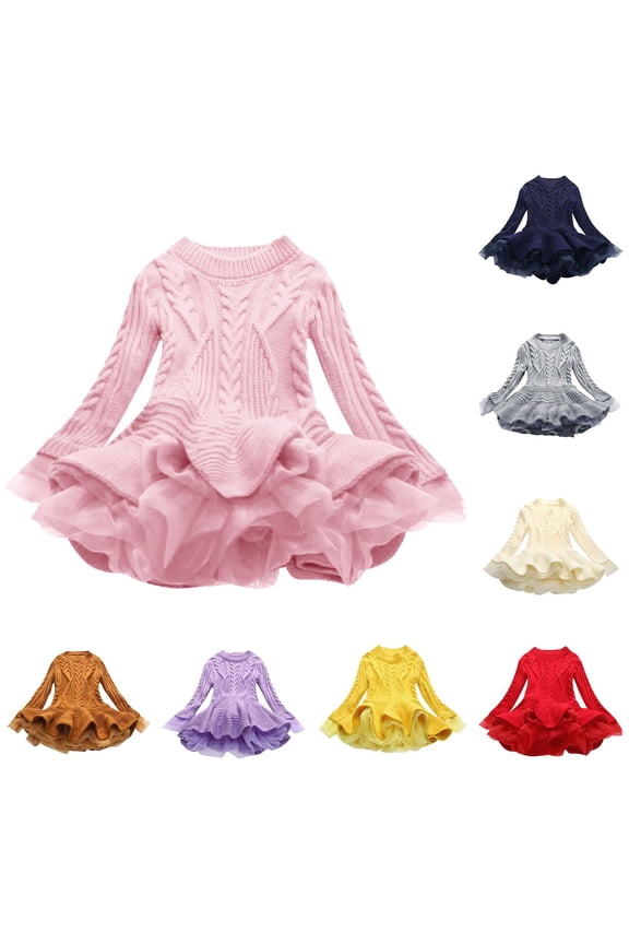 Girls Frock Dress Girls Princess Dress Long Sleeve Round Neck Knit Sweater Dress,Toddler Girls Winter Outer Dress,Kids Party Dress,Blue,100