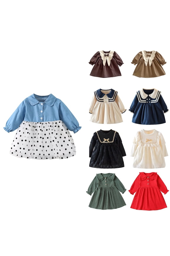 Girls Frock Dress Girls Princess Dress Long Sleeved Crew Neck College Style Party Knee Length Dresses,Toddler Girls Outer Dress,Kids Party Dress,White,90