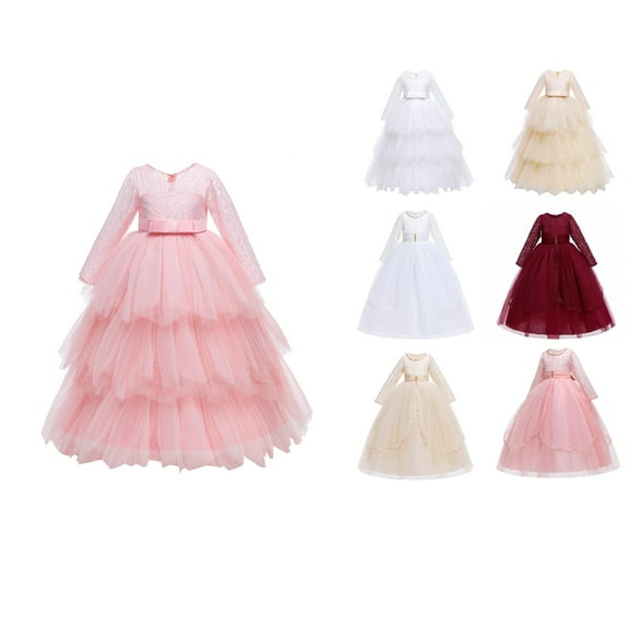 Antinious Girls Frock Dress Long Sleeve Round Neck Solid Mesh Bow red Cake Party Birthday Dress,Toddler Girls Winter Outer Dress,Kids Party Dress,Red,160