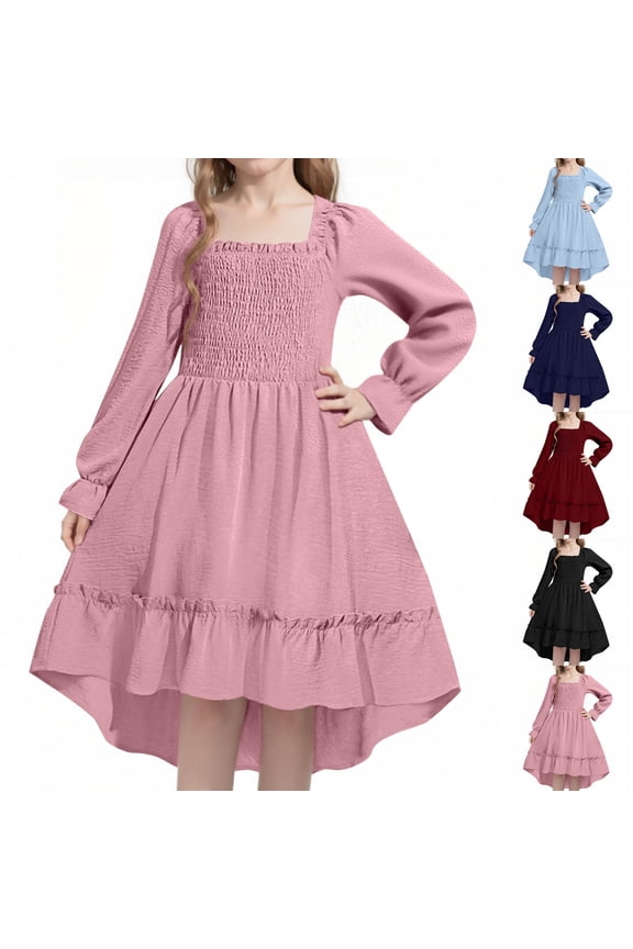 Girls Frock Dress Solid Collar Long Sleeve Ruffled Princess Skirt for ,Toddler Girls Outer Dress,Kids Party Dress,Blue,100