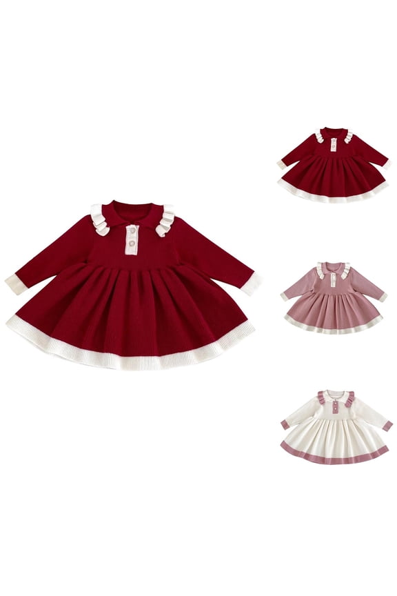Girls Frock Dress Toddler Elegant Princess Dress Knitted Long Sleeve Round Neck Dress,Toddler Girls Winter Outer Dress,Kids Party Dress,White,100