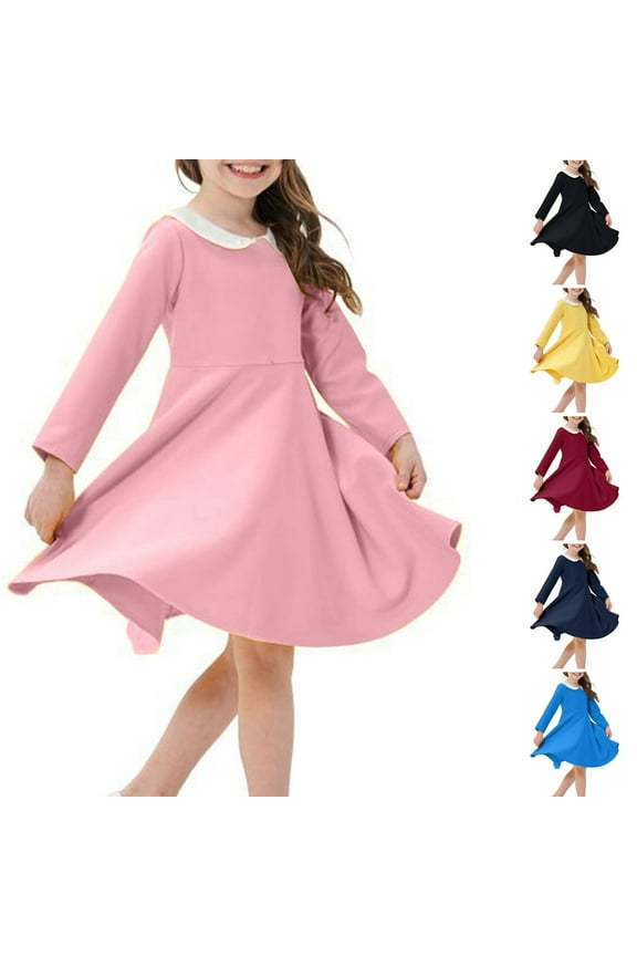 Girls Frock Toddler Elegant Princess Dress Solid Long Sleeve Crew Neck Doll Collar Casual Dress,Toddler Girls Outer Dress,Kids Party Dress,Pink,140