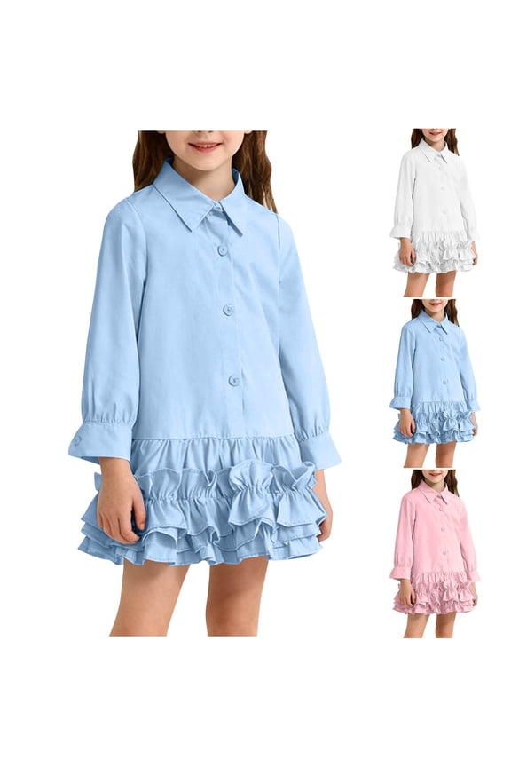 Girls Long Sleeve Collared Button Solid School Uniform Comfortable Dress