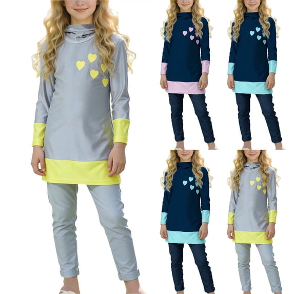 Antinious Toddler Girls Beach Contrast Hooded Long Sleeve Modest Surf Soft 2 Piece Swimsuit Outfit