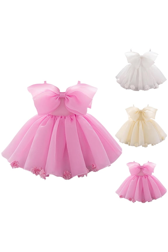 Girls Off-The-Shoulder Sleeveless Round Neck Bow Mesh Dresses