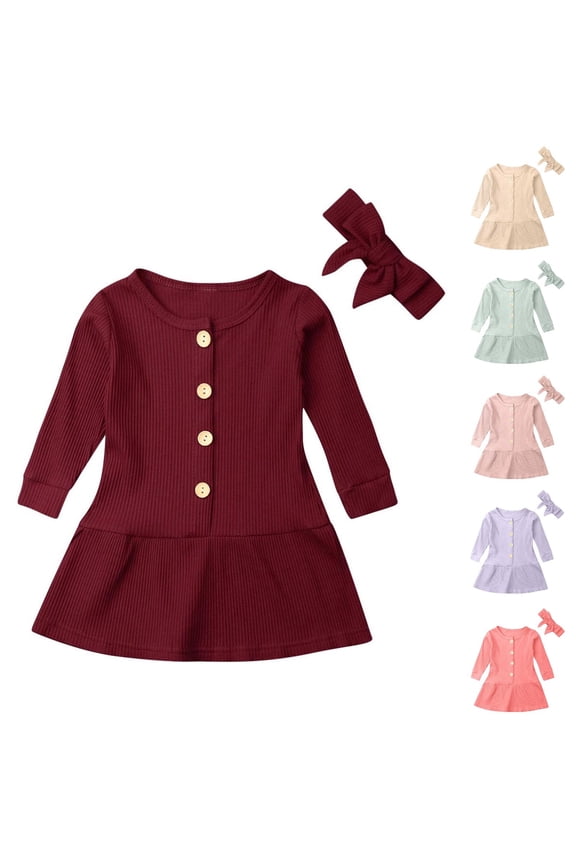 Girls Outer Frock Girls Princess Dress Solid Long Sleeve Crew Neck With Buttons Dress,Toddler Girls Outer Dress,Kids Party Dress,Pink,100