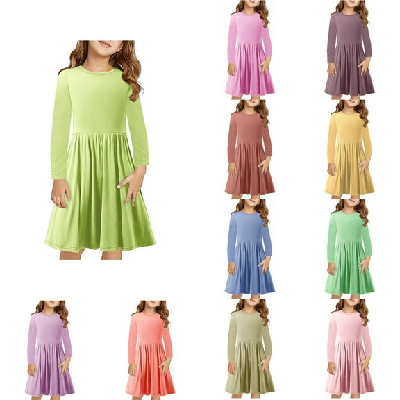 Antinious Girls Outer Frock Girls Frock Dress Long Sleeve Crew Neck Solid Ruched Dress,Toddler Girls Outer Dress,Kids Party Dress,Yellow,120