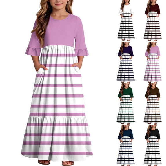 Antinious Girls Print Round Neck Ruffle Sleeve Breathable Trendy Casual Dresses