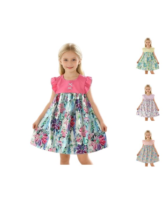 Girls Round Neck Floral Patchwork Short Sleeve Princess Casual Versatile Dress