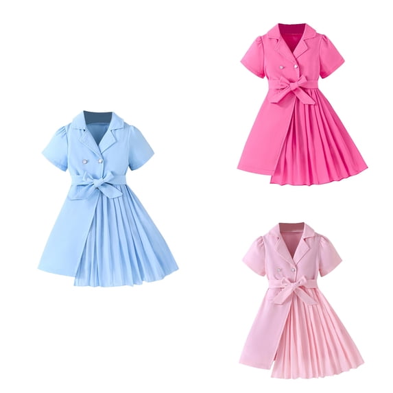 Antinious Girls Short Sleeve Collared Puff Sleeve Solid Summer Chiffon Dress