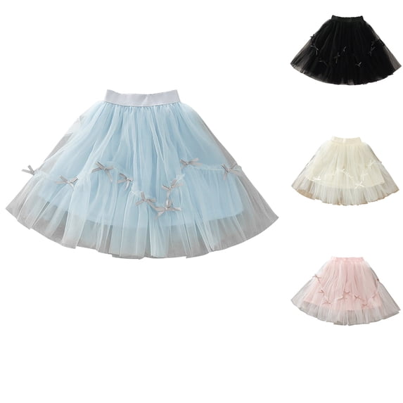 Antinious Girls Solid Elastic Waist Bow Mesh Flowy Soft Versatile Pleated Knee-High Skirts