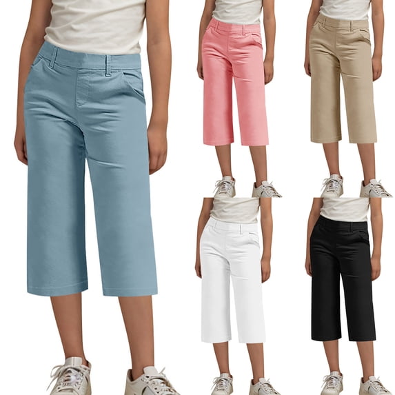 Antinious Girls Solid Elastic Waist Slim Straight Leg Side Pocket Cropped Capris