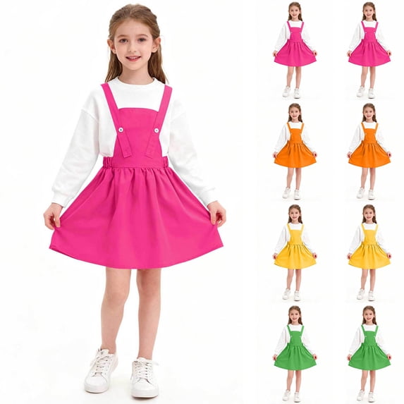 Antinious Girls Solid Elastic Waist Suspender Uniform Versatile Knee-High Skirts