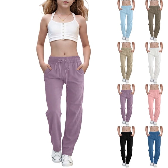 Antinious Girls Solid Loose Wide Leg Side Pocket Versatile Full Length Pants