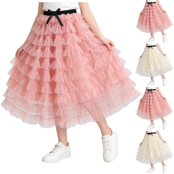 Antinious Girls Solid Elastic Waist Mesh Multi Ruffle Stylish Versatile Mid-Calf Skirts