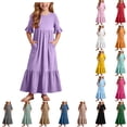 thumbnail image 1 of Antinious Girls Solid Pleated 3/4 Sleeve Round Neck Casual Versatile Wear Dress, 1 of 5