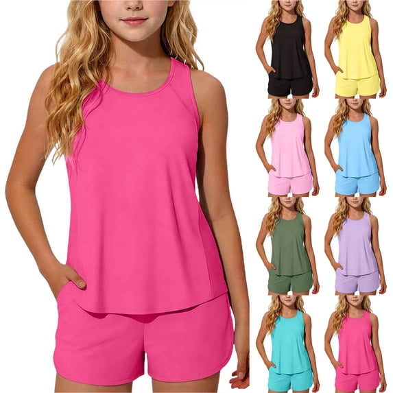 Antinious Girls Solid Ruched Soft Beach Leisure 2 Piece Swimsuit Outfit