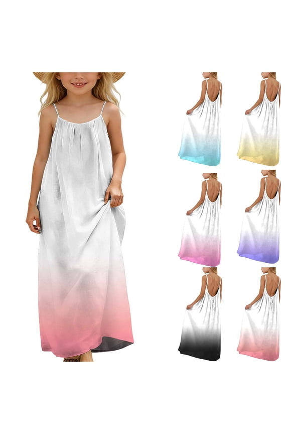 Girls Spaghetti Straps Gradient Loose Back Drawstring Long Maxi Dress
