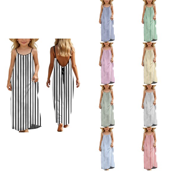 Antinious Girls Spaghetti Straps Stripe Print Summer Maxi Holiday Drawstring Back Dress