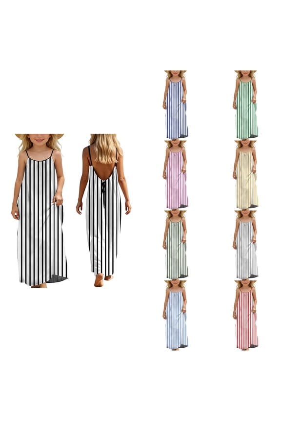 Girls Spaghetti Straps Stripe Print Summer Maxi Holiday Drawstring Back Dress