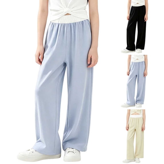Antinious Girls Trendy Breathable Solid Wide Leg Elastic Waist Versatile Full Length Pants