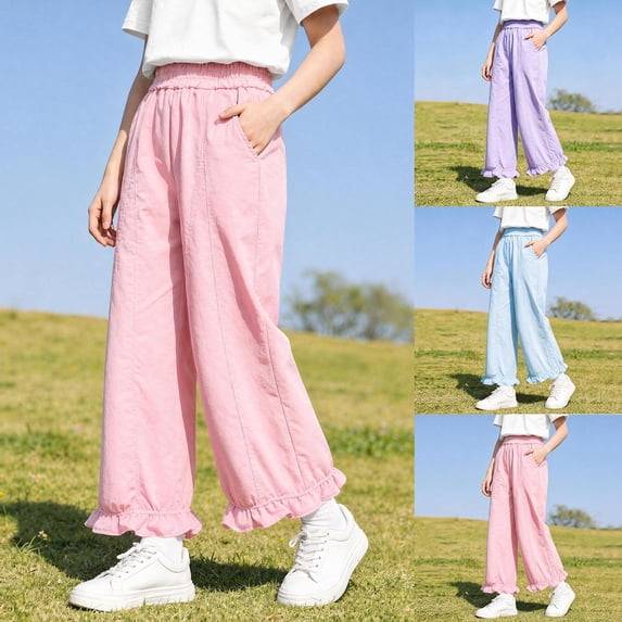 Antinious Children Girls Solid Elastic Waist Multi Outer Pockets Ruffle Versatile Full Length Pants