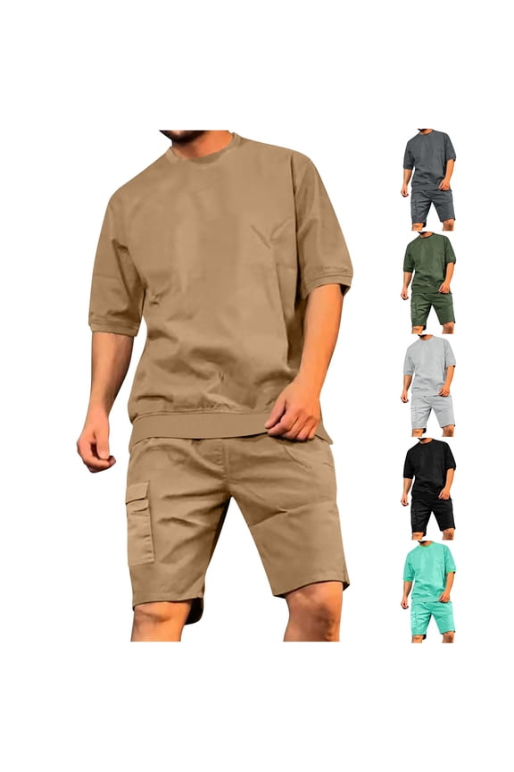 Going Out Outfits for Men,Summer Outfits for Men,Track Suits for Men Set Short Sleeved Pocket Round Neck Solid Casual Outfits,Army Green,XL
