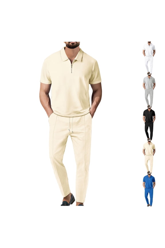 Going Out Outfits for Men,Summer Outfits for Men,Track Suits for Men Set Solid Casual Short Sleeve Turndown Collar Shorts Set,White,S