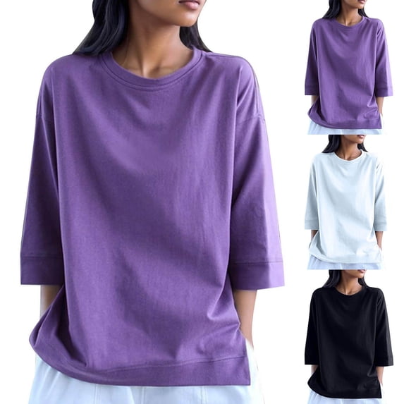 Antinious Going Out Tops for Women Solid Crewneck 3/4 Sleeve Blouse, Fall Winter Savings!Sweatshirt for Women,Tops for Women Trendy,Purple,L