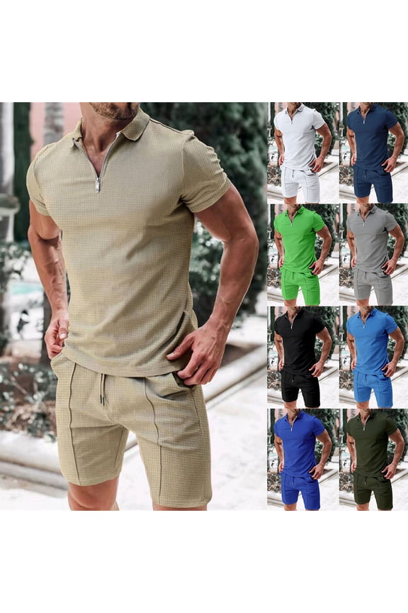 Going Out Outfits for Men,Summer Outfits for Men,Fashion Casual Solid Zipper Track Suits for Men Set Solid Casual Short Sleeve Turndown Collar Shorts Set,Army Green,XXL