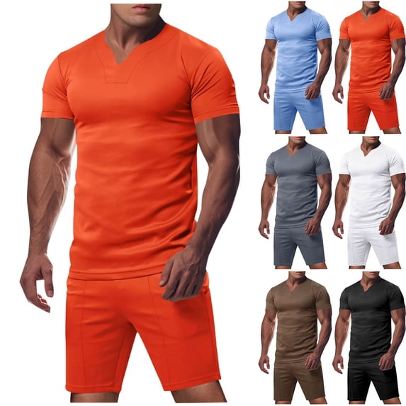 Antinious Going Out Outfits for Men,Summer Outfits for Men,Track Suits for Men Set Solid Casual Pocket Drawstring Shorts Short Sleeve V-Neck Outfits,Brown,L