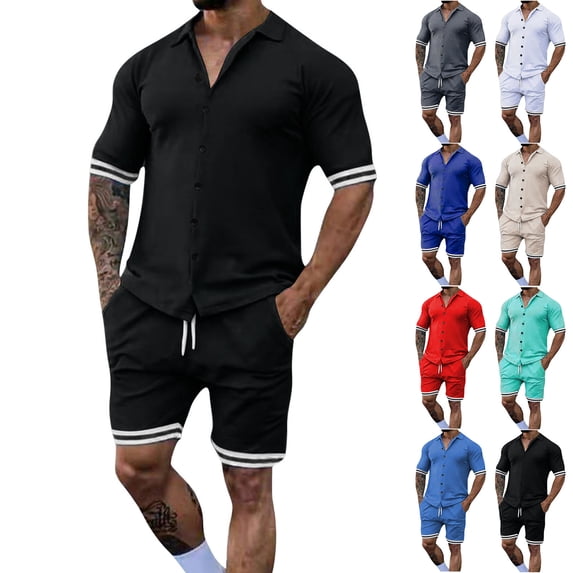 Antinious Going Out Outfits for Men,Summer Outfits for Men,Track Suits for Men Set Solid Lapel Button Short Sleeve Shorts Cardigan Casual Outfits,Blue,M