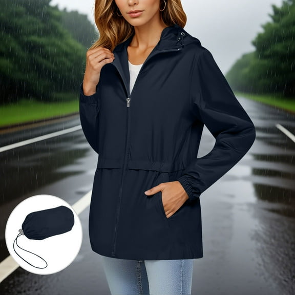 Antinious Hooded Zipper Jacket Windproof Coat Waterproof Lightweight Long Sleeve Outerwear Coat with Pockets and Storage,Winter Trench Coat for Women,Womens Jackets Trendy,Navy,L