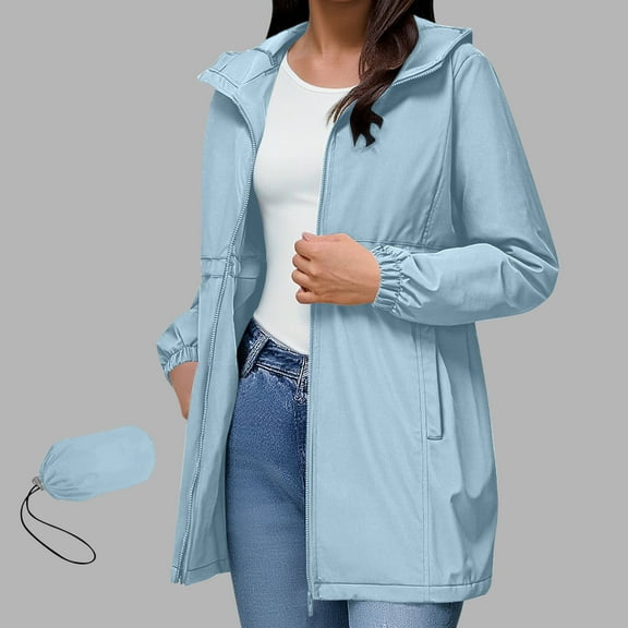 Antinious Hooded Zipper Jacket Windproof Coat Waterproof Lightweight Long Sleeve Outerwear with Pockets and Storage ,Women Trench Coat,Womens Jackets Trendy,Light Blue,XXL