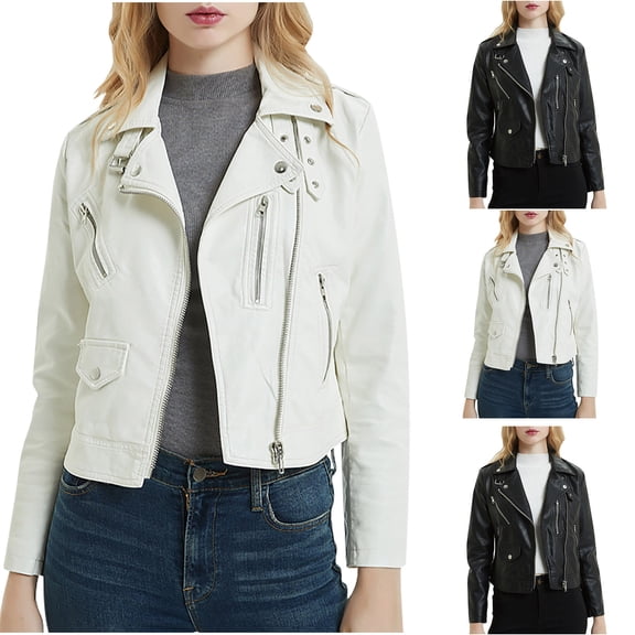 Antinious Jackets for Women Trendy Long Sleeve Zipper Leather Biker Jacket Slim Outerwear,Trench Coat Women,Fall Coats,White,M