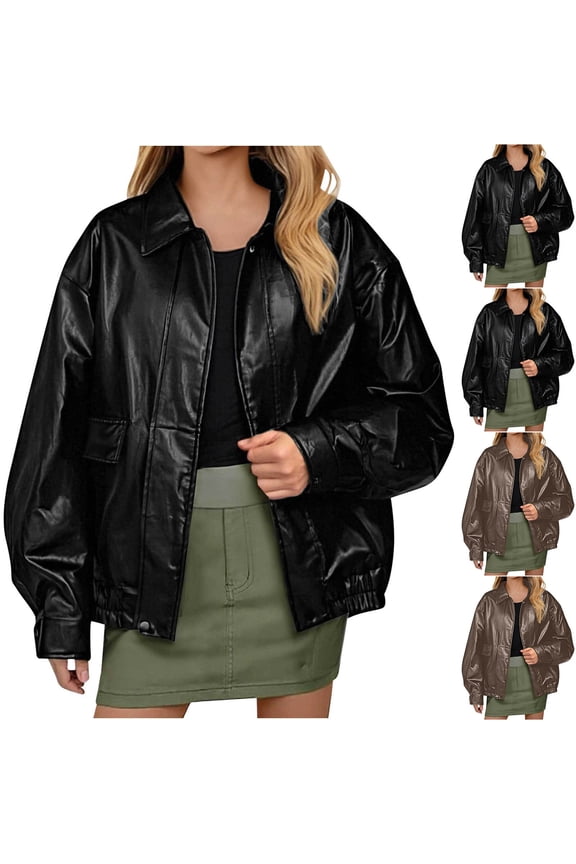 Jackets for Women Trendy Solid Leather Jacket Long Sleeve Casual Coat,Trench Coat Women,Fall Coats,Black,M