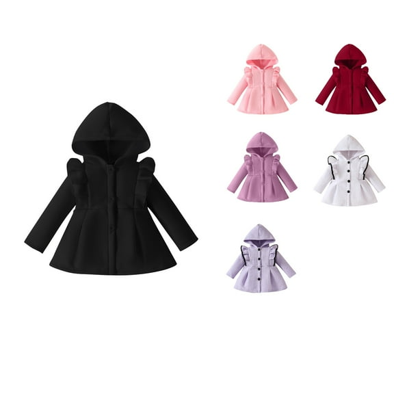 Antinious Kids Outerwear Coats Winter Coats for Girls Solid Color Long Sleeve Hooded Ruffled Sleeves Thickened Casual Jacket for Toddlers
