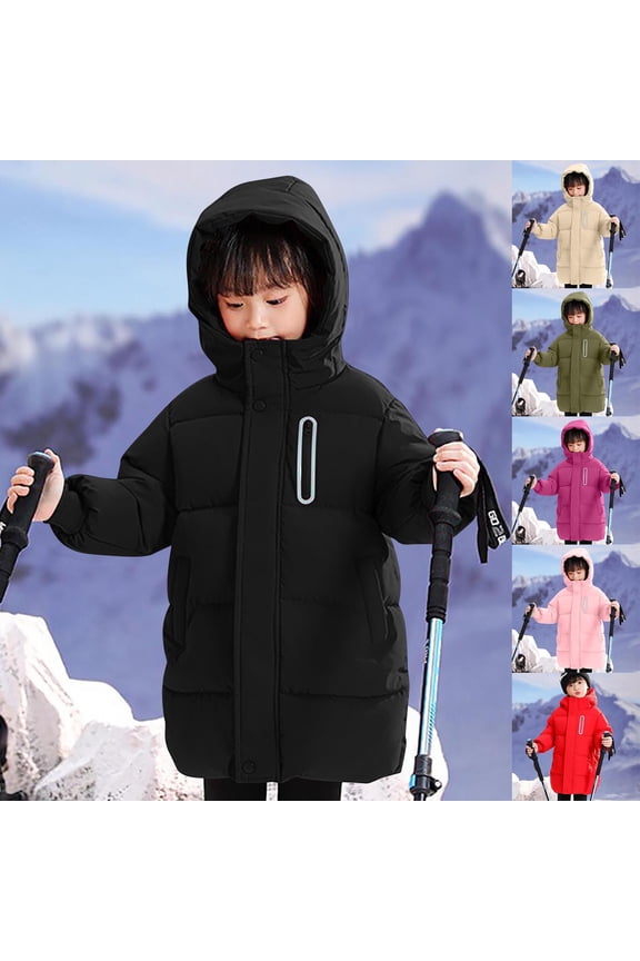 Kids Winter Coat Jackets for Kids Solid Color Long Sleeve Hooded Over Knee Thickened Puffer Jacket with Zipper Buttons Pockets Reflective Strips for 4-14 Years