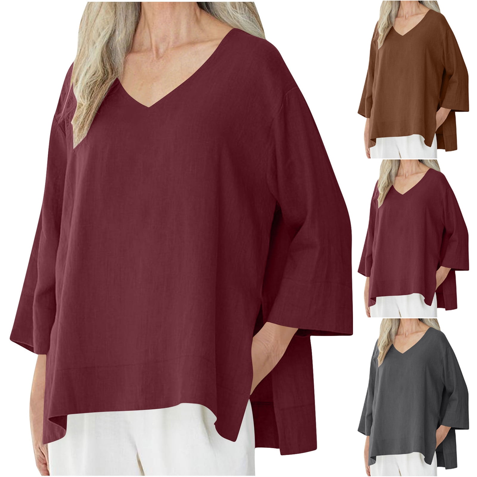 Antinious Ladies Casual Solid V-Neck 3/4 Sleeve Breathable Relaxed ...