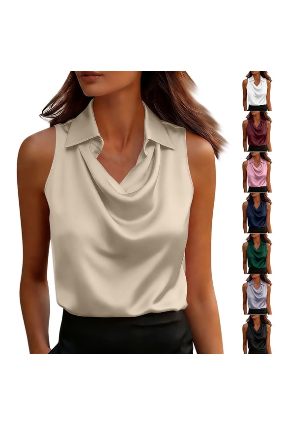 Ladies Collared Sleeveless Solid Satin Draped Neck Elegant Tops