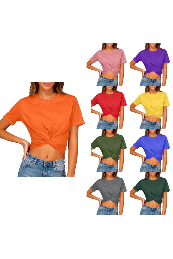Ladies Crewneck Short Sleeve Solid Backless Knot Cropped Length Casual Tops