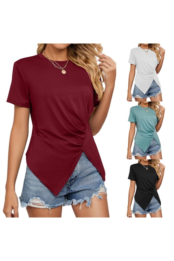 Ladies Crewneck Short Sleeve Solid Slit Asymmetric Hem Casual Tops