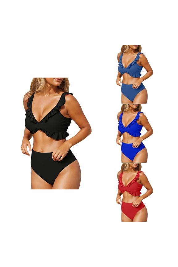Women Solid High Waist Ruffle Slim Support Modest Stylish 2 Piece Bikinis Set