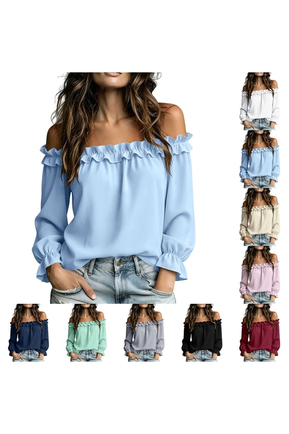 Ladies Off Shoulder Ruffle Long Sleeve Puff Cuff Casual Chiffon Tunic Shirt